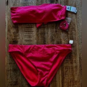 Sanctuary swim pink cactus flower strapless bandeau Bikini panty set NEW NWT Lg